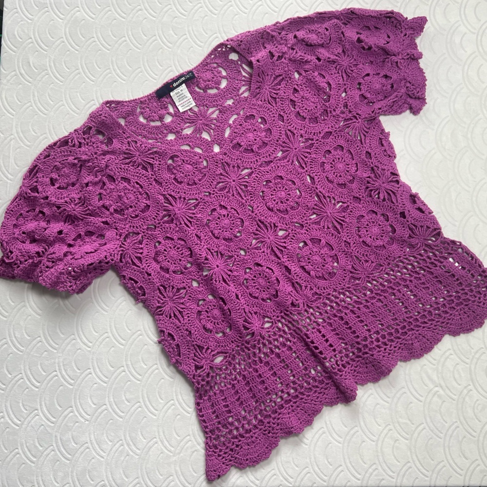 Crochet Boho 70s Vibe Medium Bold Purple Knit Festival Beach Cut Out Chunky Top